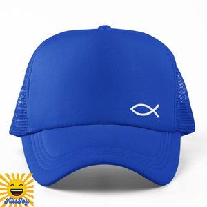 CHRISTIAN FISH SYMBOL Minimalist Foam Trucker Hat Snapback Cap Blue
